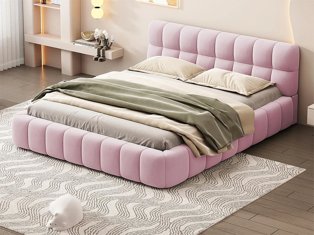 Lit double rembourré 140x190cm - avec dossier souple - Tissu de lin - Gris