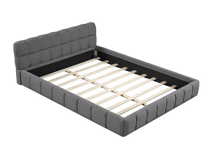 Lit double rembourré 140x190cm - avec dossier souple - Tissu de lin - Gris