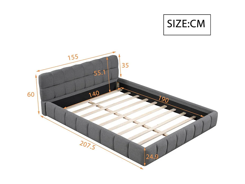 Lit double rembourré 140x190cm - avec dossier souple - Tissu de lin - Gris