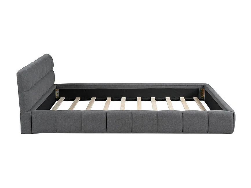 Lit double rembourré 140x190cm - avec dossier souple - Tissu de lin - Gris