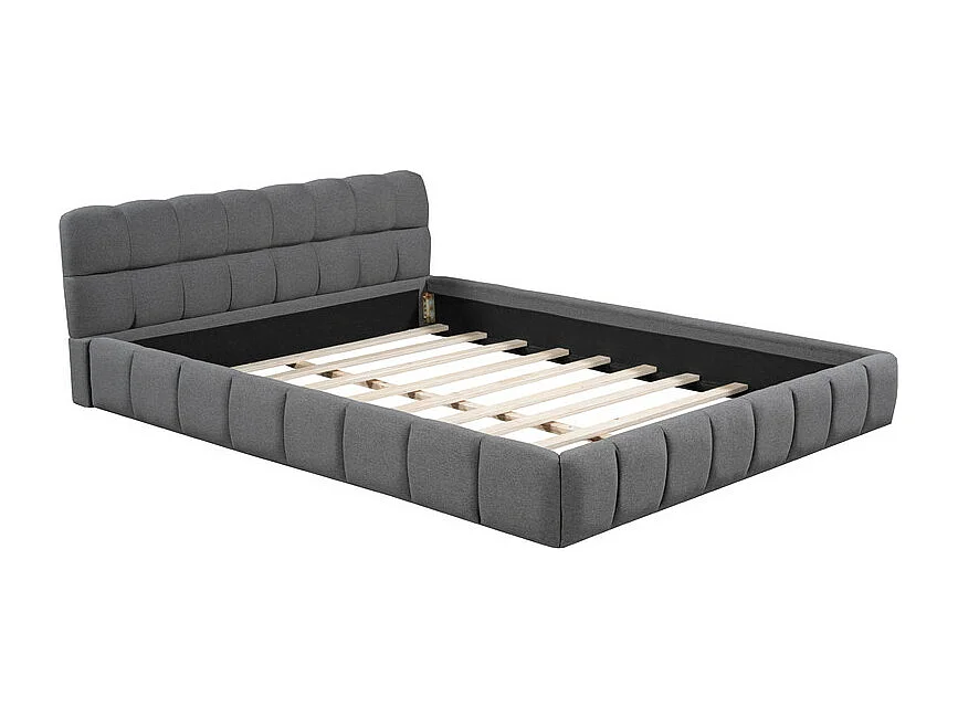 Lit double rembourré 140x190cm - avec dossier souple - Tissu de lin - Gris