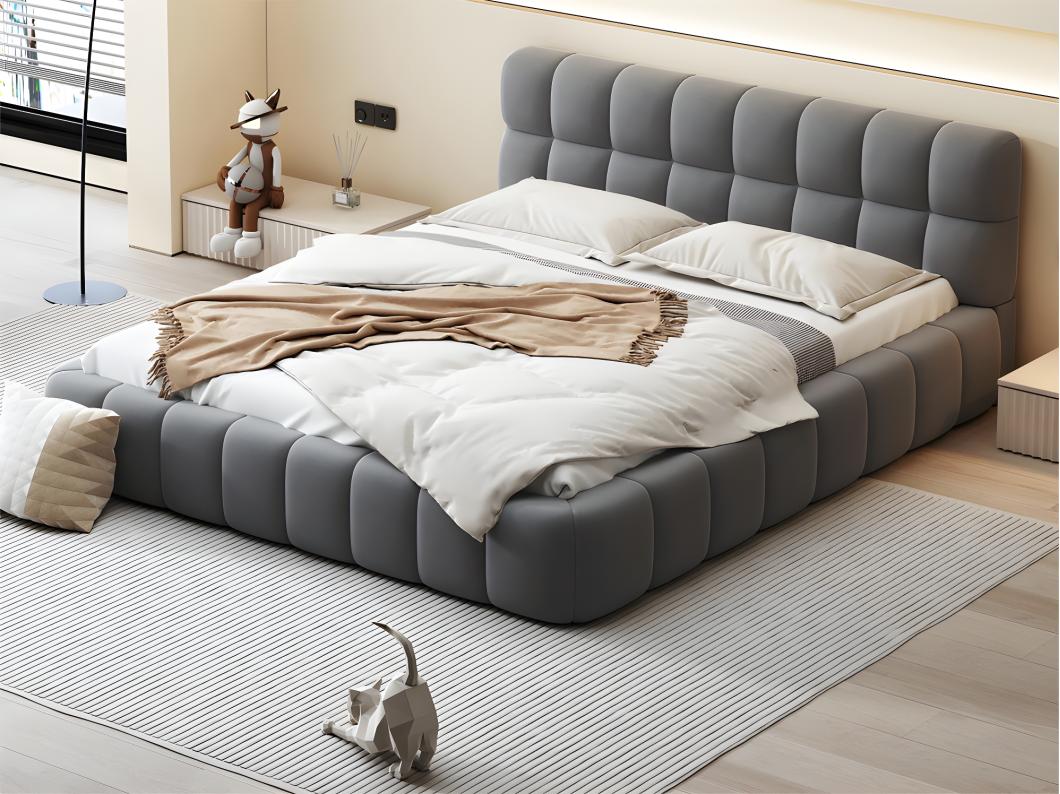 Gestoffeerd tweepersoonsbed 140x190cm - met zachte rugleuning - Linnen stof - Grijs