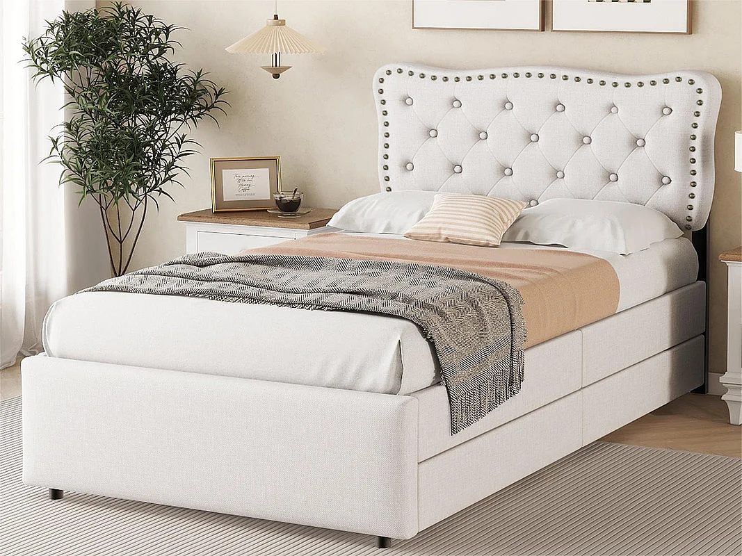 Gestoffeerd bed in linnenstof met 2 lades - 90x200cm - hoofdeinde versierd met klinknagels - Beige