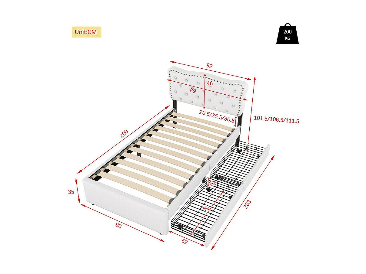 Gestoffeerd bed in linnenstof met 2 lades - 90x200cm - hoofdeinde versierd met klinknagels - Beige