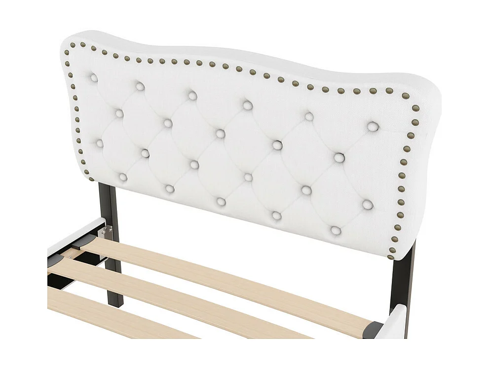 Gestoffeerd bed in linnenstof met 2 lades - 90x200cm - hoofdeinde versierd met klinknagels - Beige