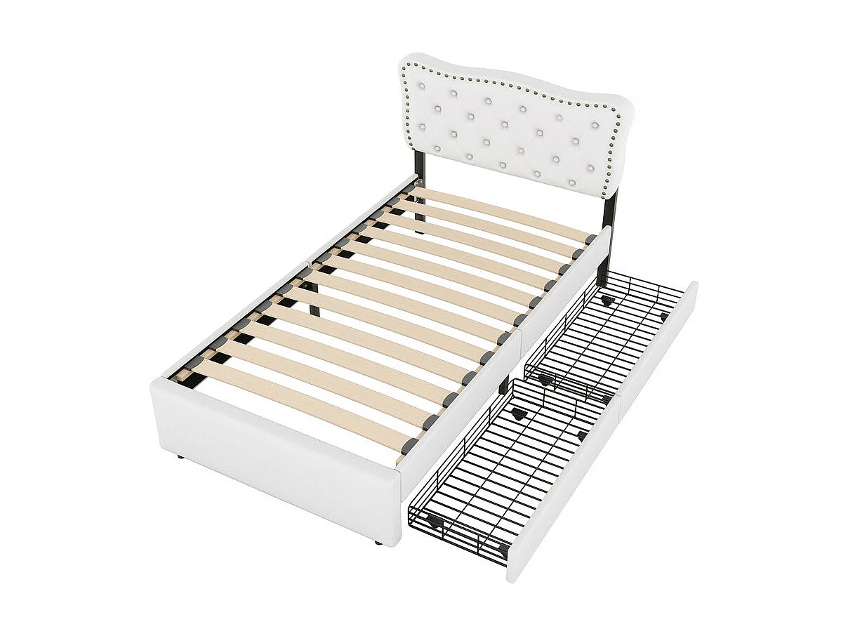 Gestoffeerd bed in linnenstof met 2 lades - 90x200cm - hoofdeinde versierd met klinknagels - Beige