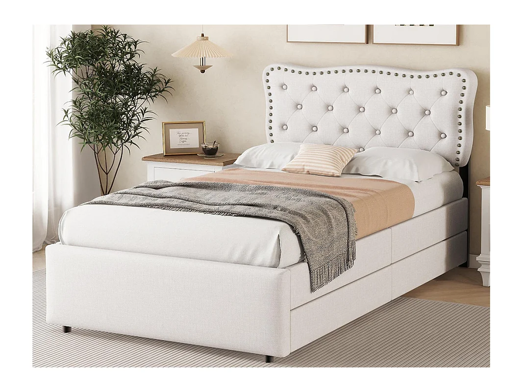 Lit rembourré en tissu de lin avec 2 tiroirs - 90x200cm - tête de lit décorée de rivets - Beige