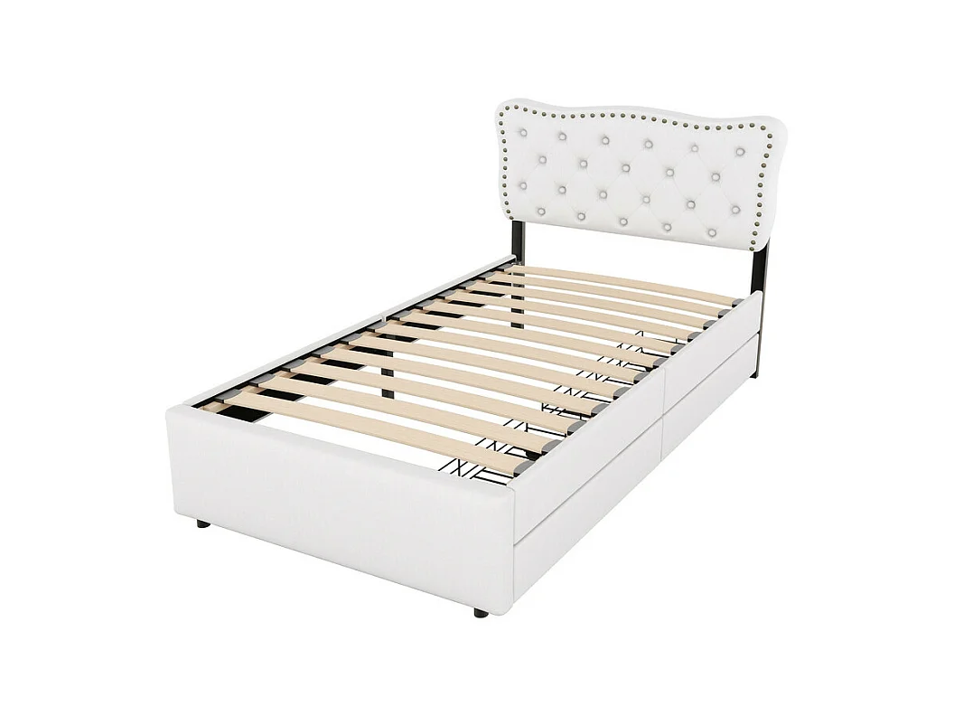 Lit rembourré en tissu de lin avec 2 tiroirs - 90x200cm - tête de lit décorée de rivets - Beige