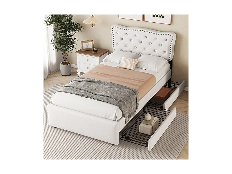 Lit rembourré en tissu de lin avec 2 tiroirs - 90x200cm - tête de lit décorée de rivets - Beige