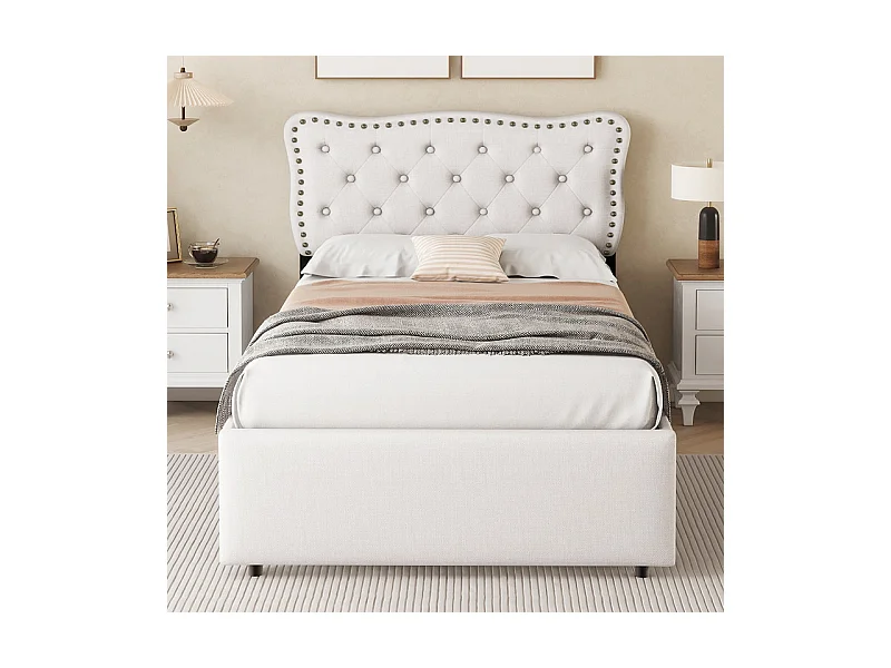 Lit rembourré en tissu de lin avec 2 tiroirs - 90x200cm - tête de lit décorée de rivets - Beige