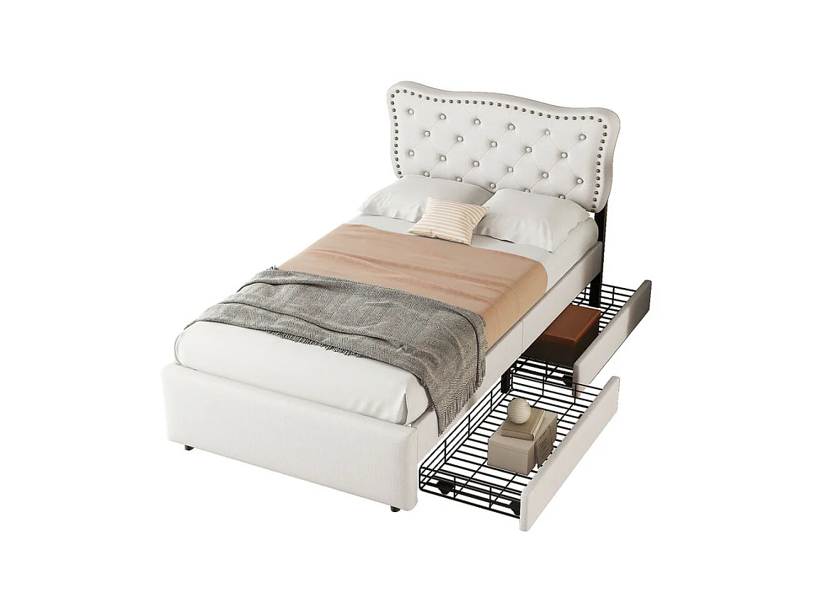 Lit rembourré en tissu de lin avec 2 tiroirs - 90x200cm - tête de lit décorée de rivets - Beige