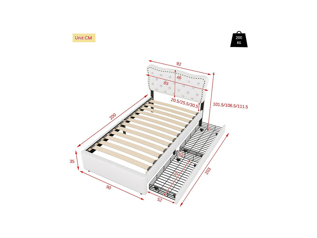 Lit rembourré en tissu de lin avec 2 tiroirs - 90x200cm - tête de lit décorée de rivets - Beige
