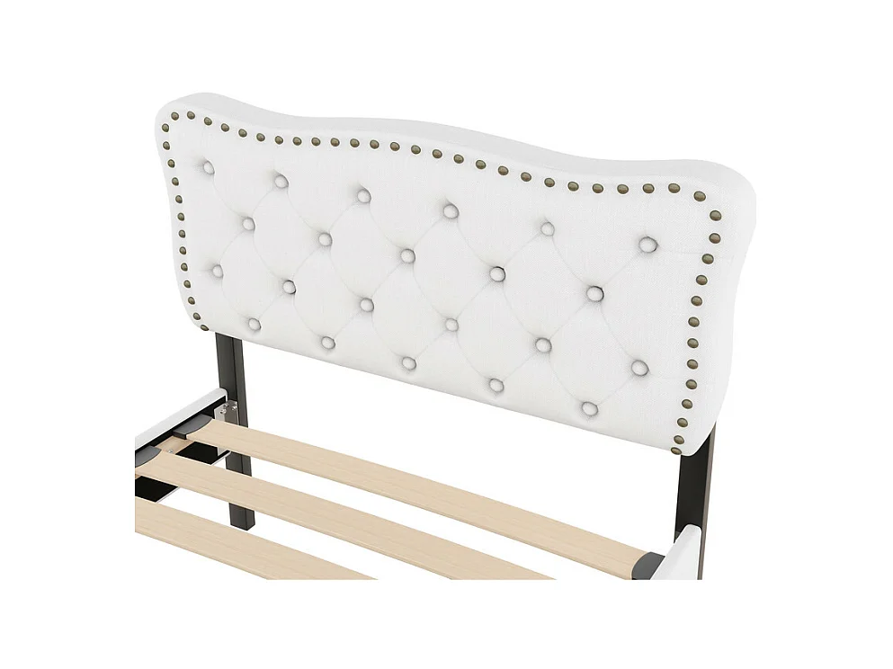 Lit rembourré en tissu de lin avec 2 tiroirs - 90x200cm - tête de lit décorée de rivets - Beige