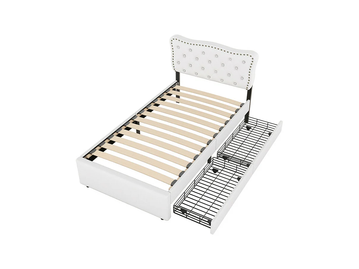 Lit rembourré en tissu de lin avec 2 tiroirs - 90x200cm - tête de lit décorée de rivets - Beige