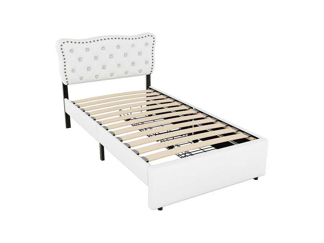 Lit rembourré en tissu de lin avec 2 tiroirs - 90x200cm - tête de lit décorée de rivets - Beige