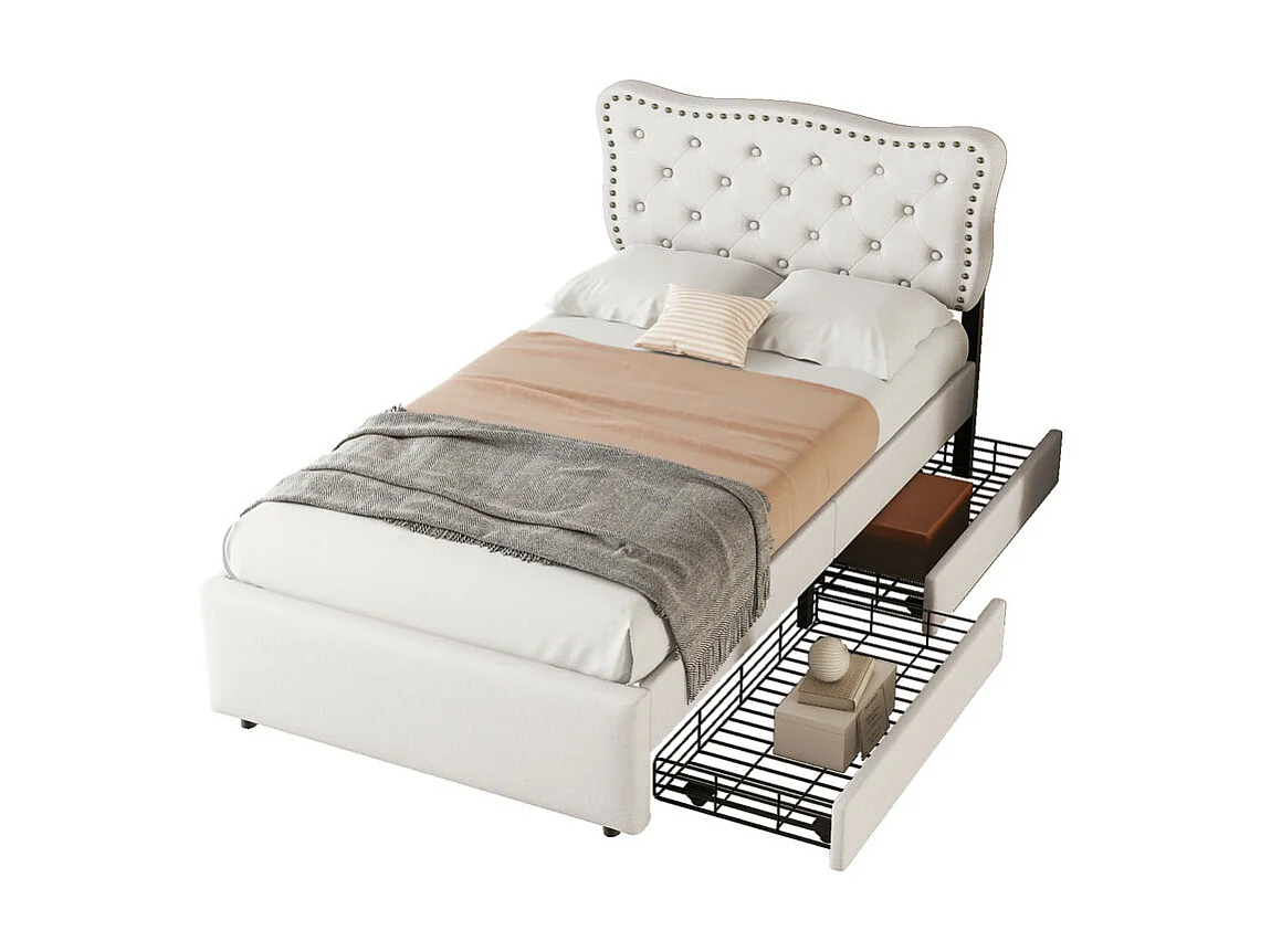 Lit rembourré en tissu de lin avec 2 tiroirs - 90x200cm - tête de lit décorée de rivets - Beige