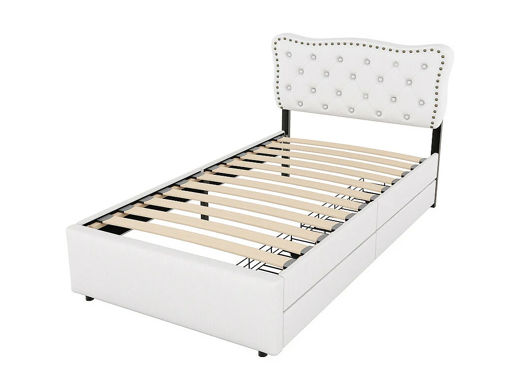 Lit rembourré en tissu de lin avec 2 tiroirs - 90x200cm - tête de lit décorée de rivets - Beige