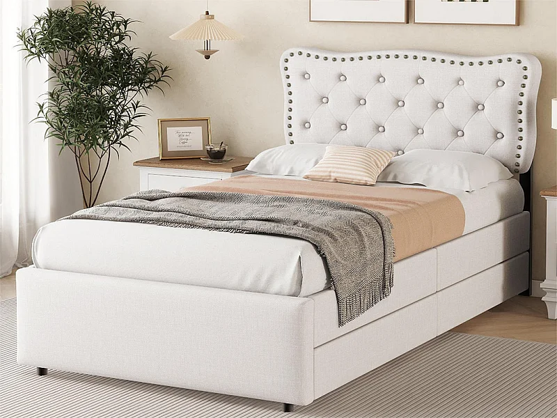 Lit rembourré en tissu de lin avec 2 tiroirs - 90x200cm - tête de lit décorée de rivets - Beige