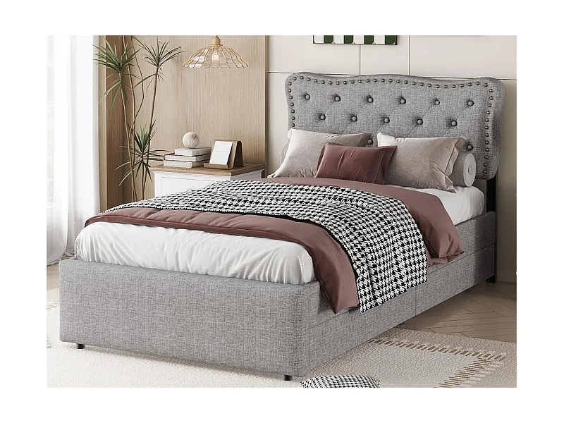 Lit rembourré en tissu de lin avec 2 tiroirs - 90x200cm - tête de lit décorée de rivets - Gris