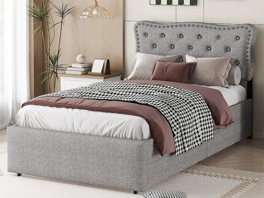 Letto imbottito in tessuto di lino con 2 cassetti - 90x200 cm - testiera decorata con rivetti - Grigio