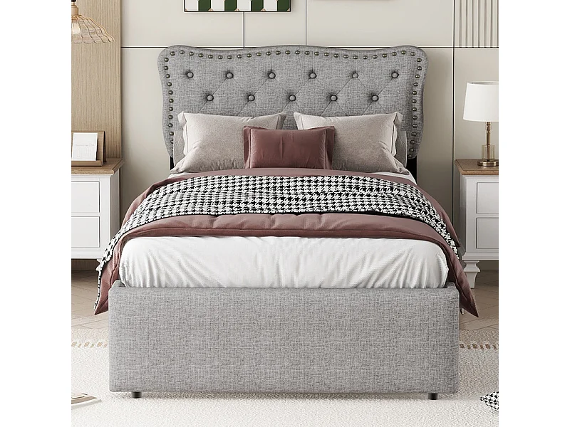 Letto imbottito in tessuto di lino con 2 cassetti - 90x200 cm - testiera decorata con rivetti - Grigio