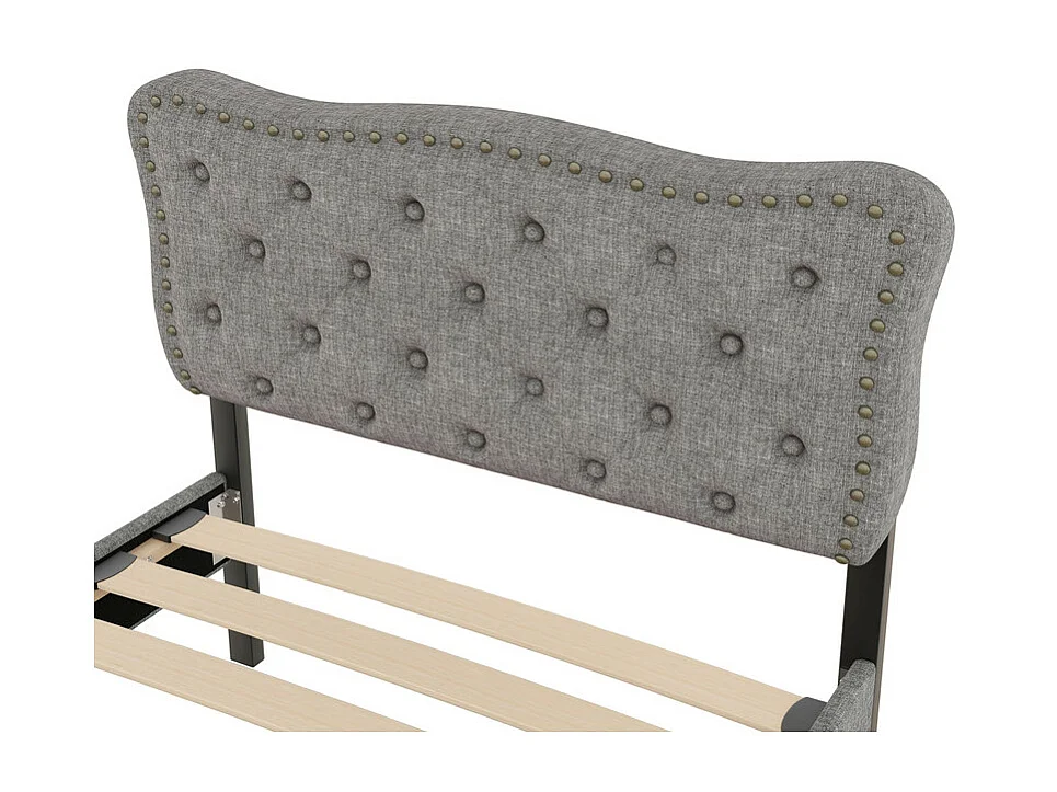 Letto imbottito in tessuto di lino con 2 cassetti - 90x200 cm - testiera decorata con rivetti - Grigio