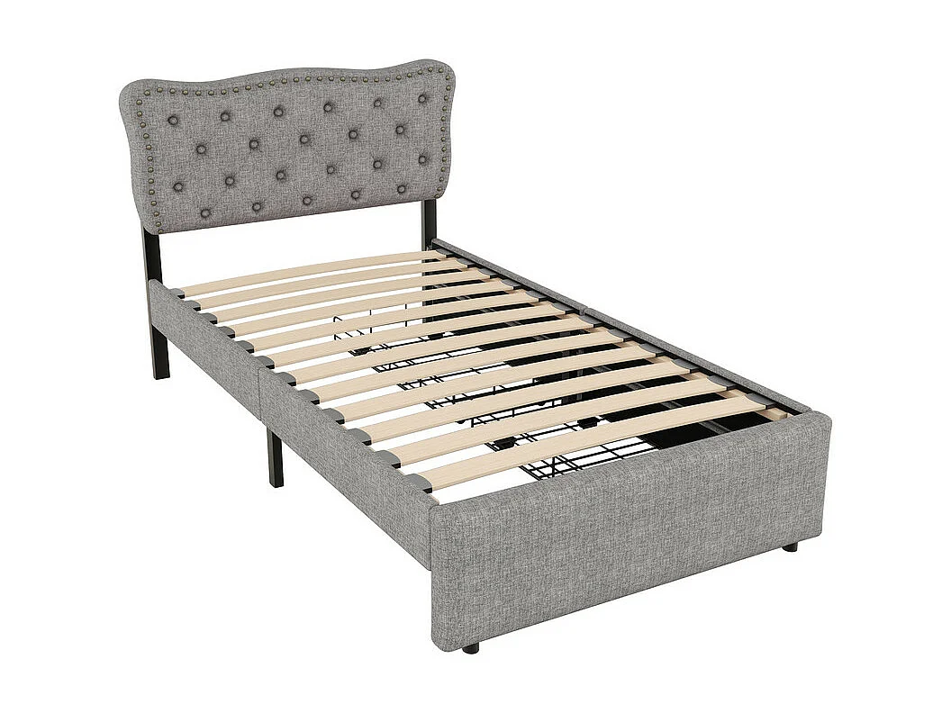 Letto imbottito in tessuto di lino con 2 cassetti - 90x200 cm - testiera decorata con rivetti - Grigio