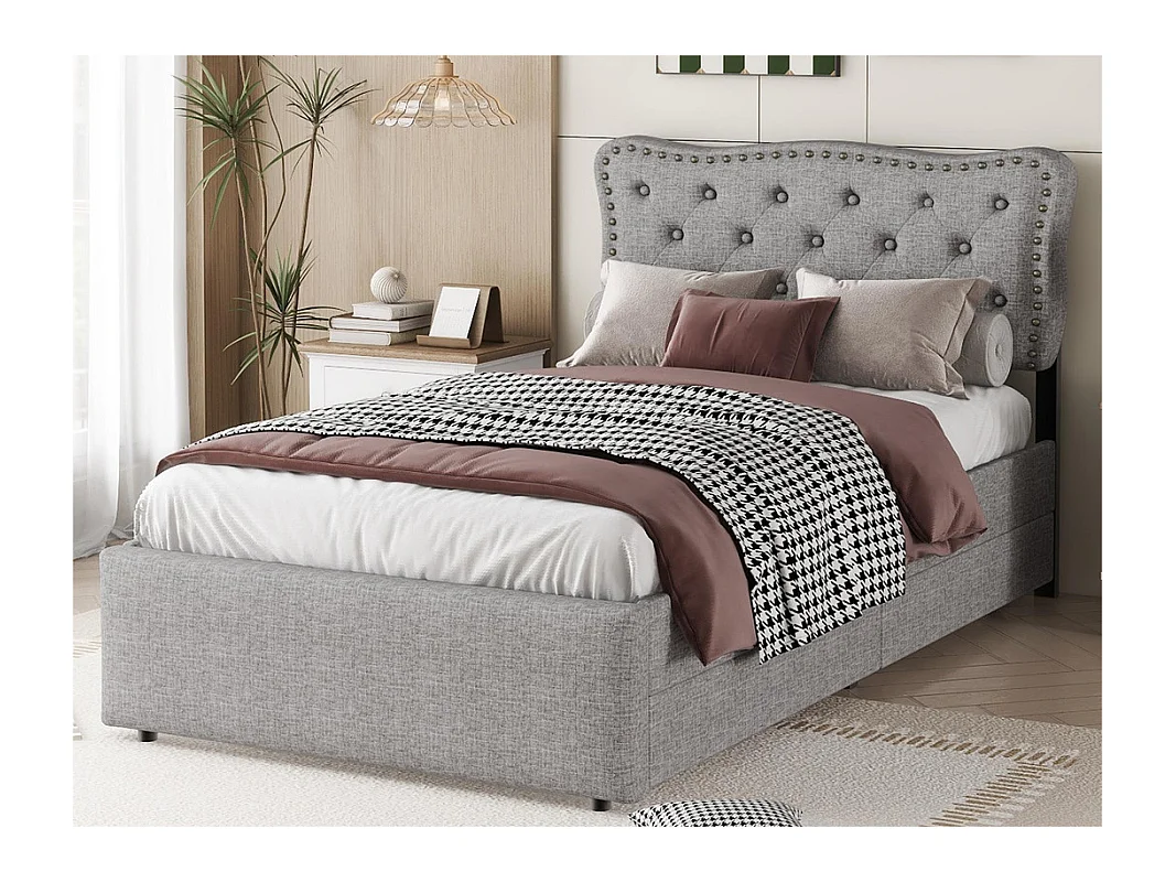 Lit rembourré en tissu de lin avec 2 tiroirs - 90x200cm - tête de lit décorée de rivets - Gris