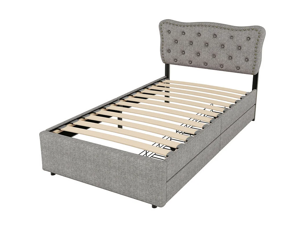 Lit rembourré en tissu de lin avec 2 tiroirs - 90x200cm - tête de lit décorée de rivets - Gris