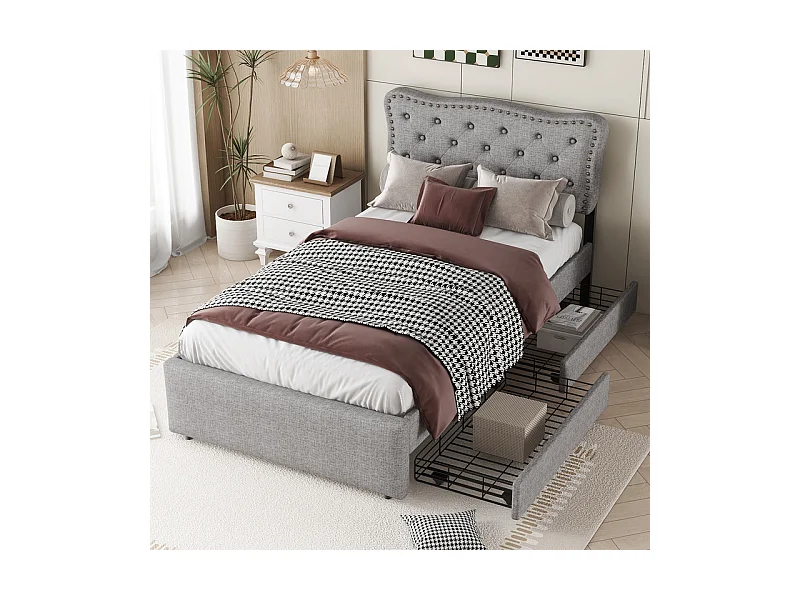 Lit rembourré en tissu de lin avec 2 tiroirs - 90x200cm - tête de lit décorée de rivets - Gris