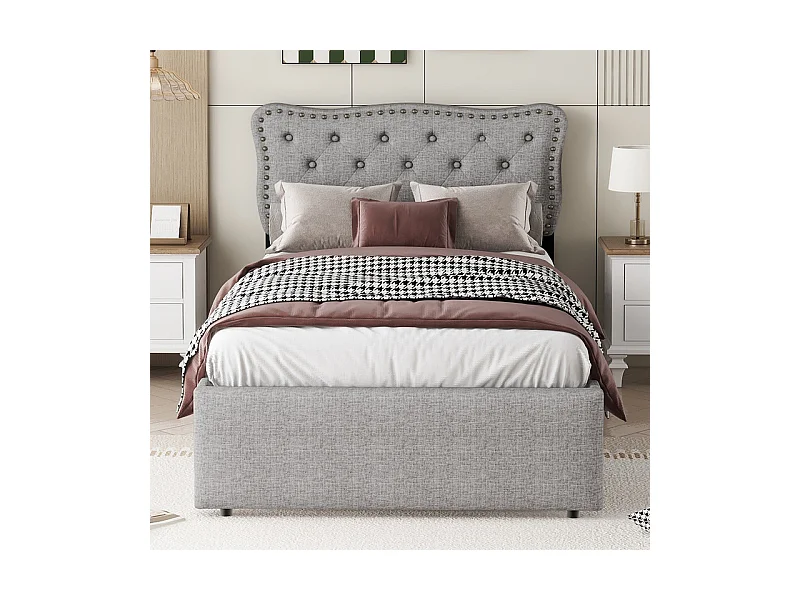 Lit rembourré en tissu de lin avec 2 tiroirs - 90x200cm - tête de lit décorée de rivets - Gris