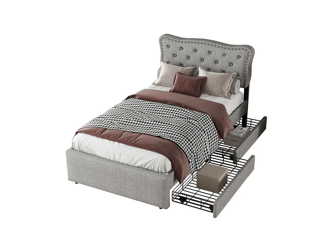 Lit rembourré en tissu de lin avec 2 tiroirs - 90x200cm - tête de lit décorée de rivets - Gris