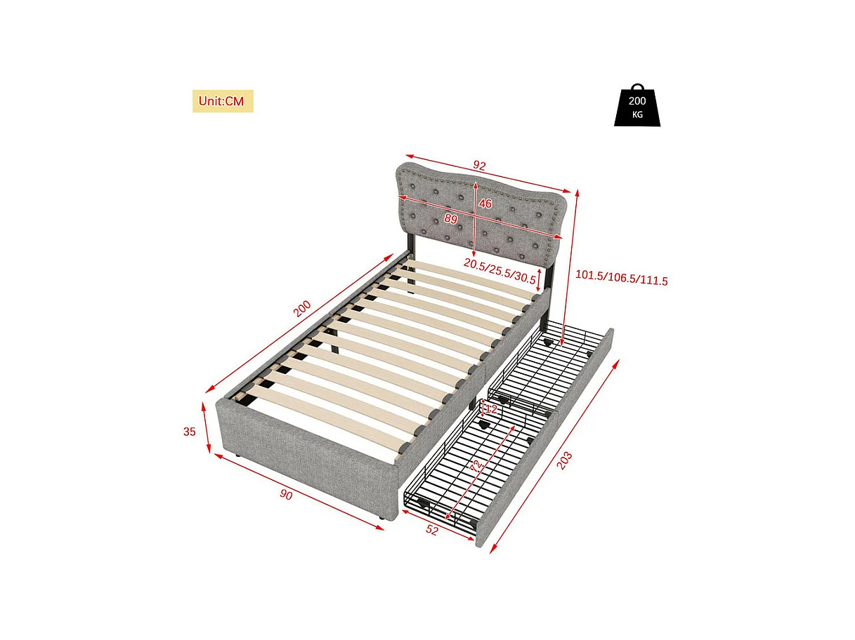 Lit rembourré en tissu de lin avec 2 tiroirs - 90x200cm - tête de lit décorée de rivets - Gris