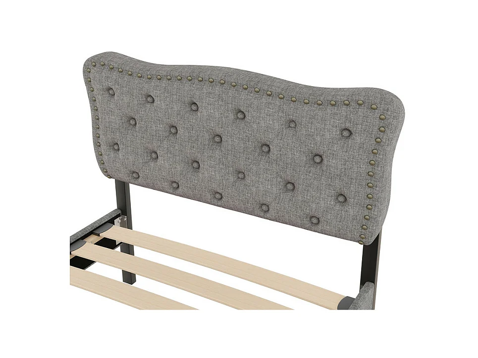 Lit rembourré en tissu de lin avec 2 tiroirs - 90x200cm - tête de lit décorée de rivets - Gris