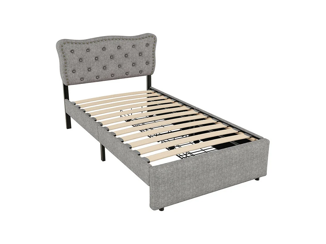 Lit rembourré en tissu de lin avec 2 tiroirs - 90x200cm - tête de lit décorée de rivets - Gris