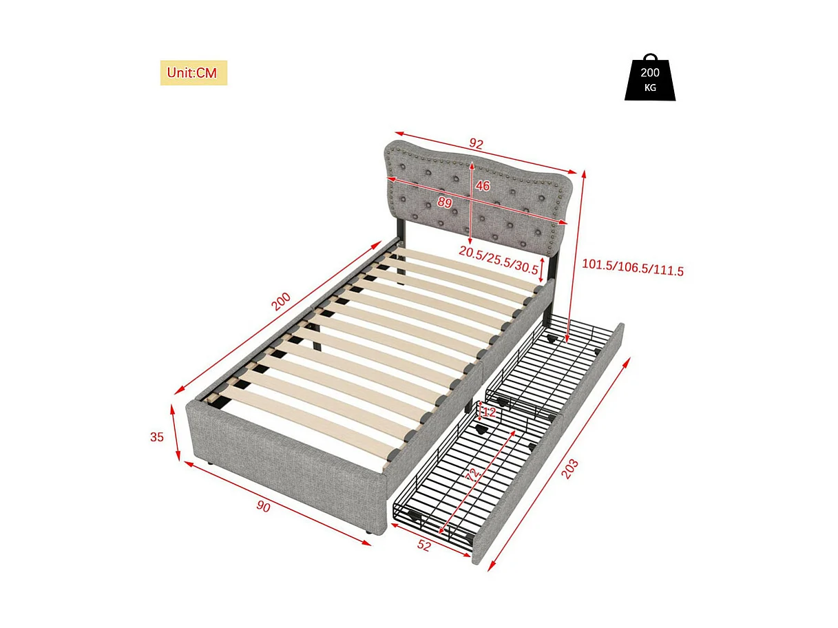 Lit rembourré en tissu de lin avec 2 tiroirs - 90x200cm - tête de lit décorée de rivets - Gris