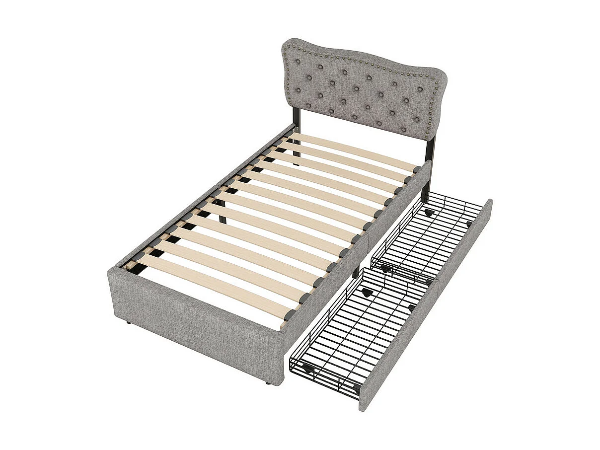 Lit rembourré en tissu de lin avec 2 tiroirs - 90x200cm - tête de lit décorée de rivets - Gris