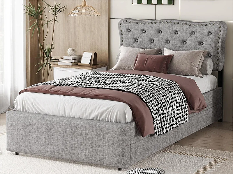 Lit rembourré en tissu de lin avec 2 tiroirs - 90x200cm - tête de lit décorée de rivets - Gris