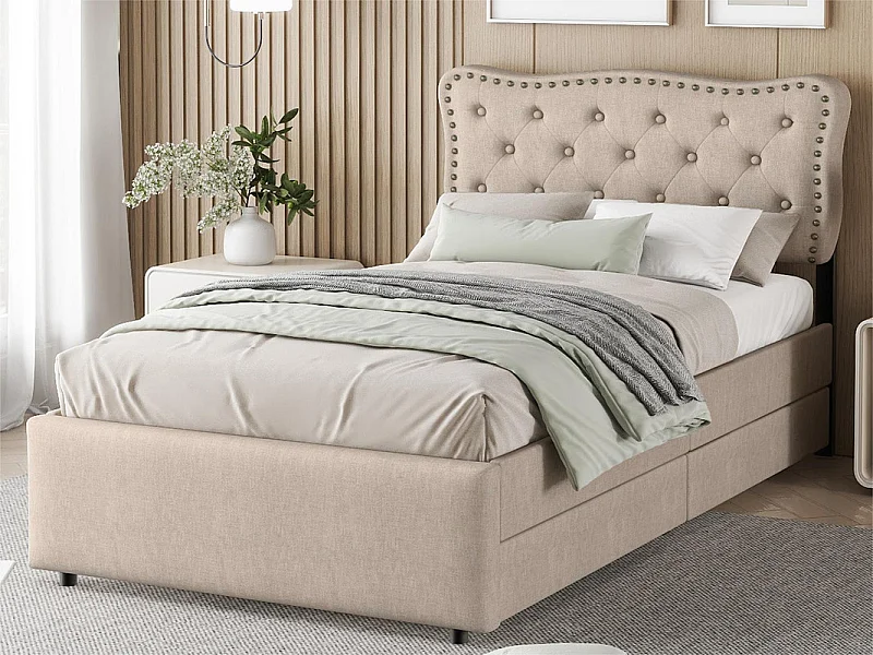 Letto imbottito in tessuto di lino con 2 cassetti - 90x200 cm - testiera decorata con rivetti - Tortora