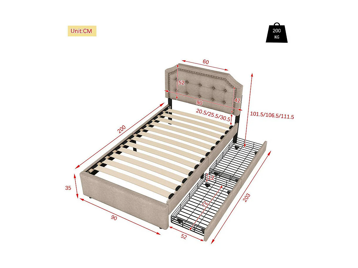 Gestoffeerd bed in linnenstof met 2 lades - 90x200cm - hoofdeinde versierd met klinknagels - Taupe