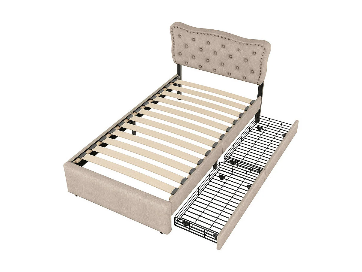 Gestoffeerd bed in linnenstof met 2 lades - 90x200cm - hoofdeinde versierd met klinknagels - Taupe