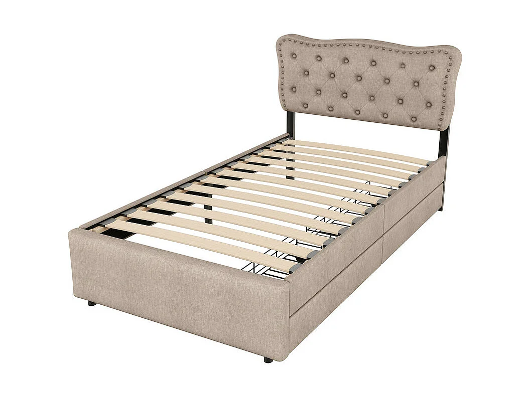 Gestoffeerd bed in linnenstof met 2 lades - 90x200cm - hoofdeinde versierd met klinknagels - Taupe