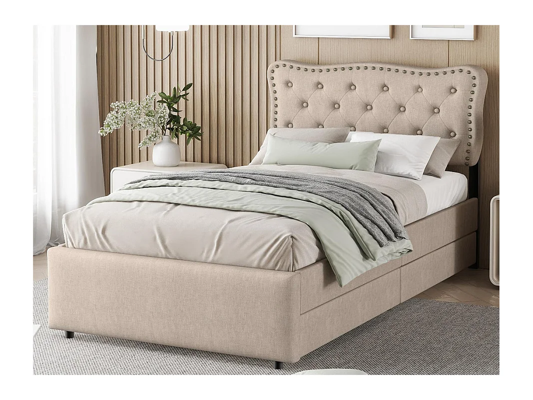 Lit rembourré en tissu de lin avec 2 tiroirs - 90x200cm - tête de lit décorée de rivets - Taupe
