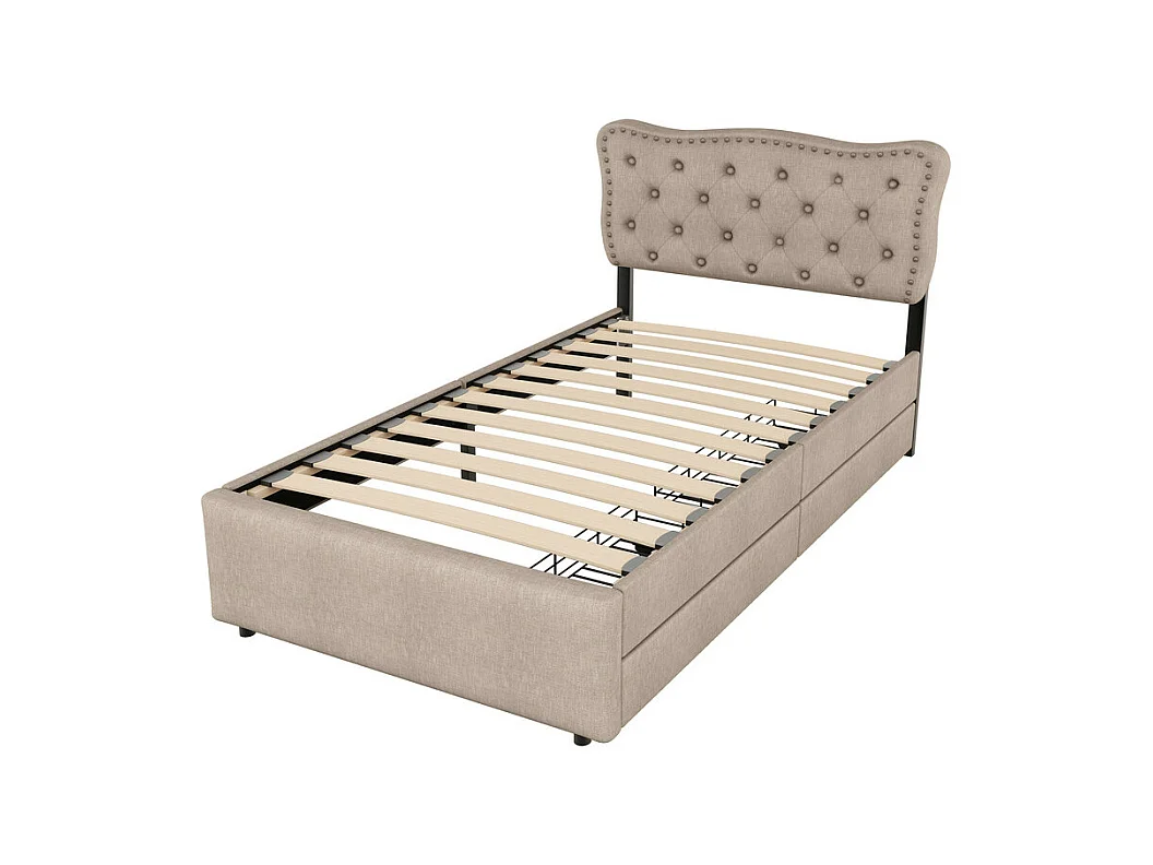 Lit rembourré en tissu de lin avec 2 tiroirs - 90x200cm - tête de lit décorée de rivets - Taupe