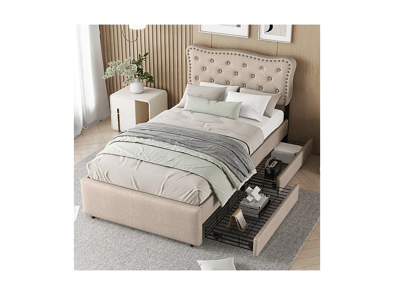 Lit rembourré en tissu de lin avec 2 tiroirs - 90x200cm - tête de lit décorée de rivets - Taupe