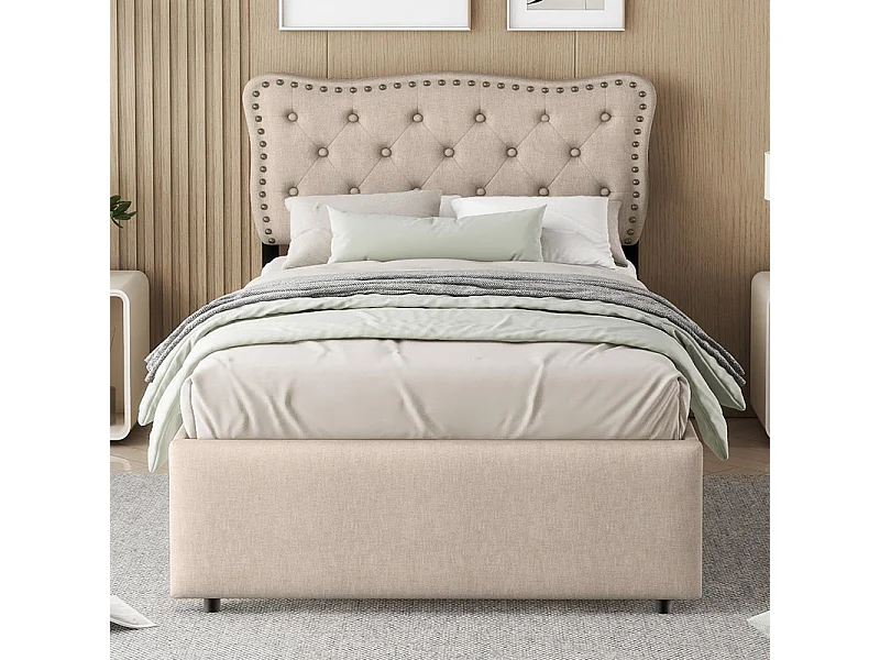 Lit rembourré en tissu de lin avec 2 tiroirs - 90x200cm - tête de lit décorée de rivets - Taupe