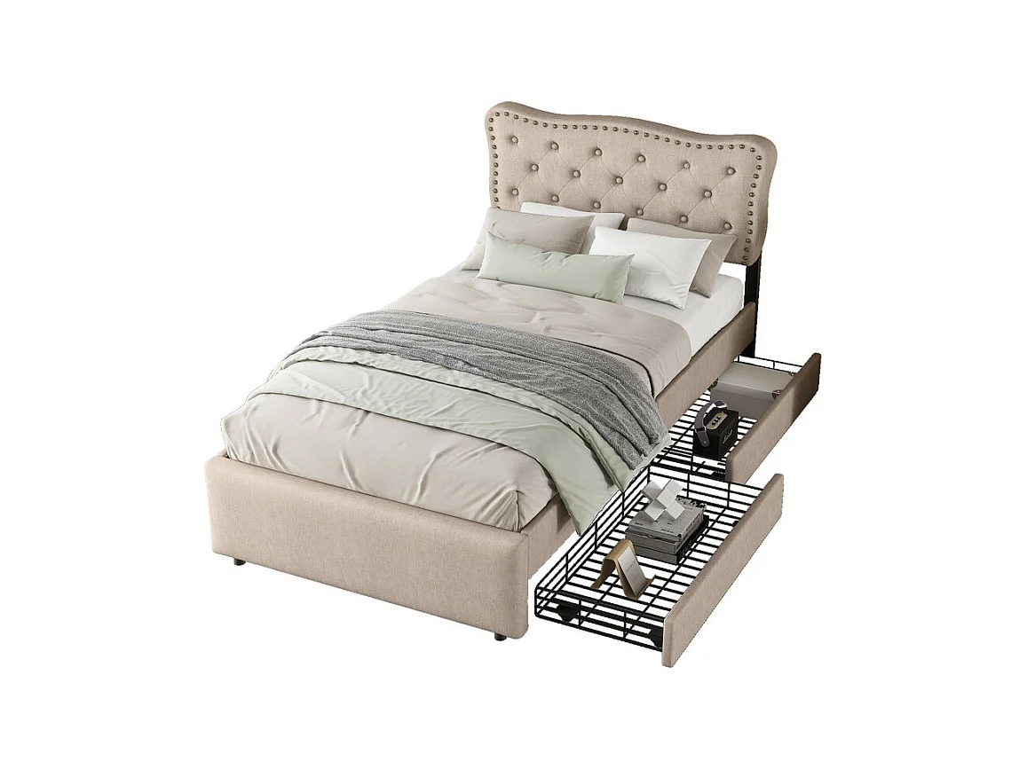 Lit rembourré en tissu de lin avec 2 tiroirs - 90x200cm - tête de lit décorée de rivets - Taupe