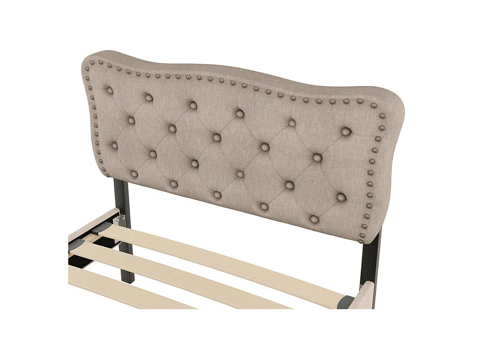 Lit rembourré en tissu de lin avec 2 tiroirs - 90x200cm - tête de lit décorée de rivets - Taupe