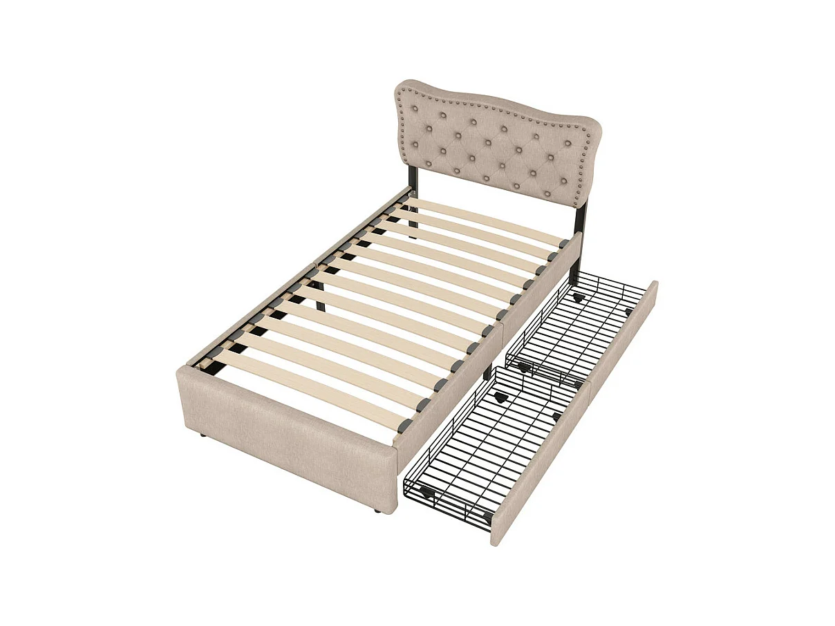 Lit rembourré en tissu de lin avec 2 tiroirs - 90x200cm - tête de lit décorée de rivets - Taupe