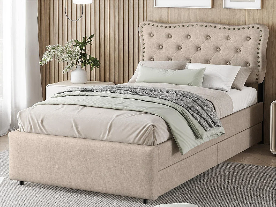 Lit rembourré en tissu de lin avec 2 tiroirs - 90x200cm - tête de lit décorée de rivets - Taupe